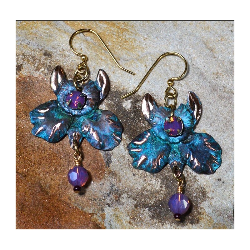 Verdigris Patina Brass African Orchid Earrings - Violette Opal Swarovski Crystals