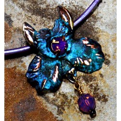 Verdigris Patina Brass African Orchid Pendant on Rawhide - Violette Opal Swarovski Crystals