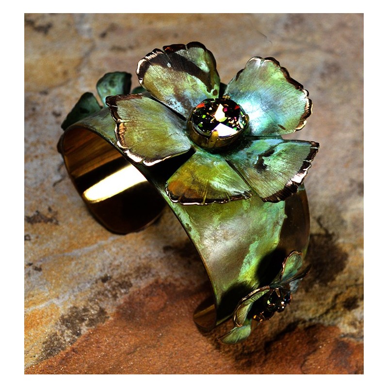 Olive Patina Brass Sculptural Flowers Tapered Cuff Bracelet - Swarovski Crystals