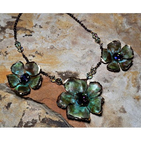 Olive Patina Graduated Sculptural Flowers Necklace