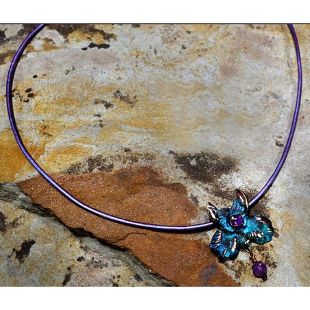 Verdigris Patina Brass African Orchid Pendant on Rawhide - Violette Opal Swarovski Crystals