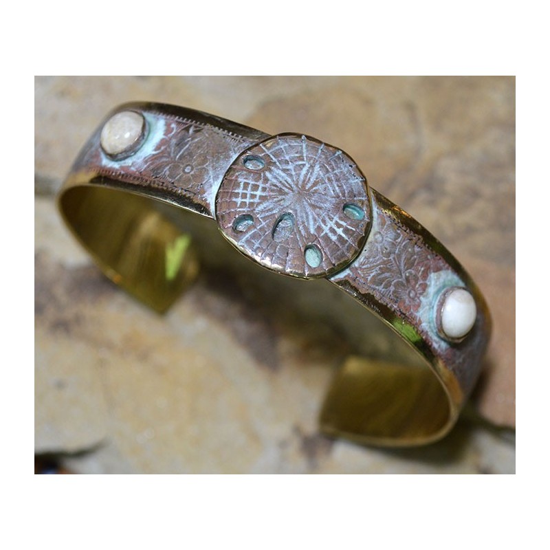 White Patina Brass Sand Dollar Cuff - Riverstone