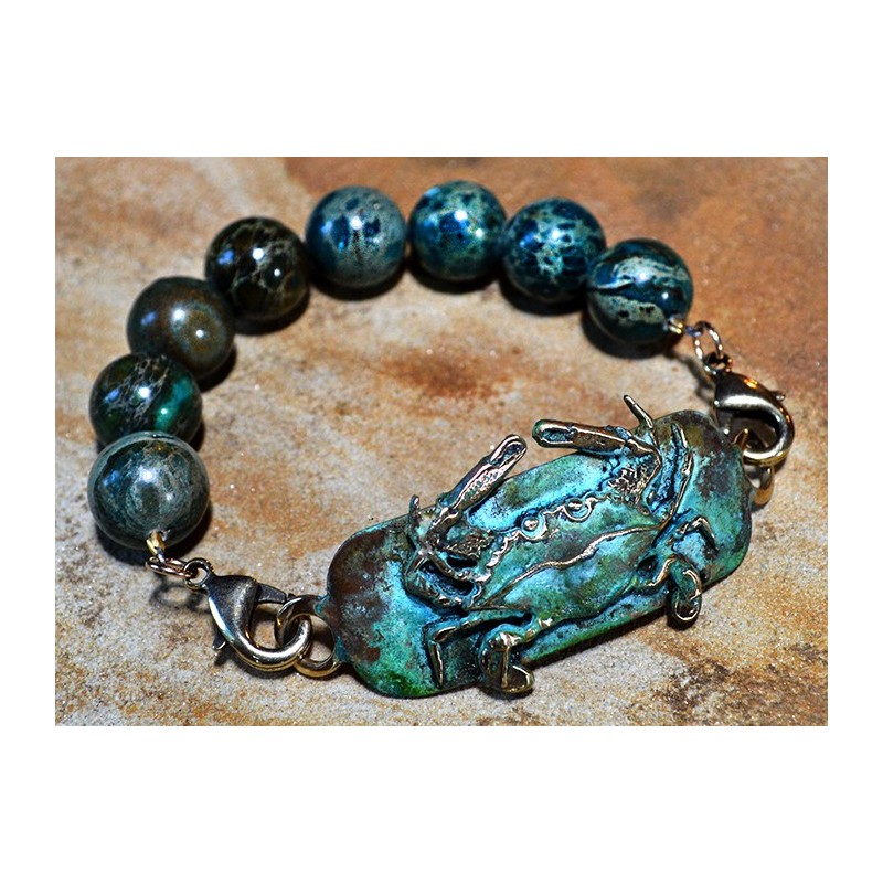 Olive Patina Brass Detailed Crab Rockband Bracelet - Imperial Jasper