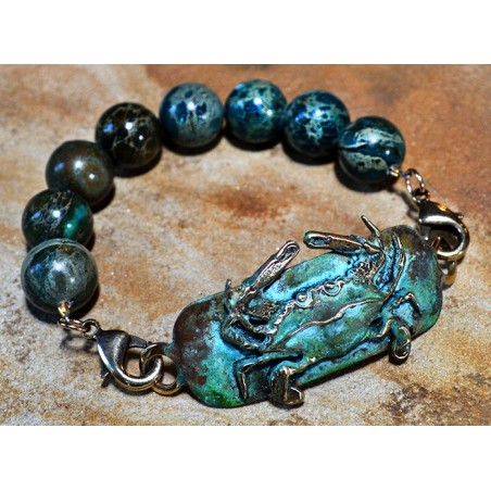 Olive Patina Brass Detailed Crab Rockband Bracelet - Imperial Jasper