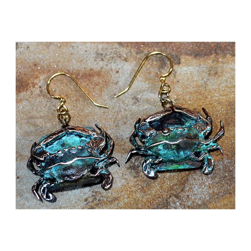 Olive Patina Solid Brass Detailed Crab Dangle Earrings