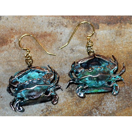 Olive Patina Solid Brass Detailed Crab Dangle Earrings