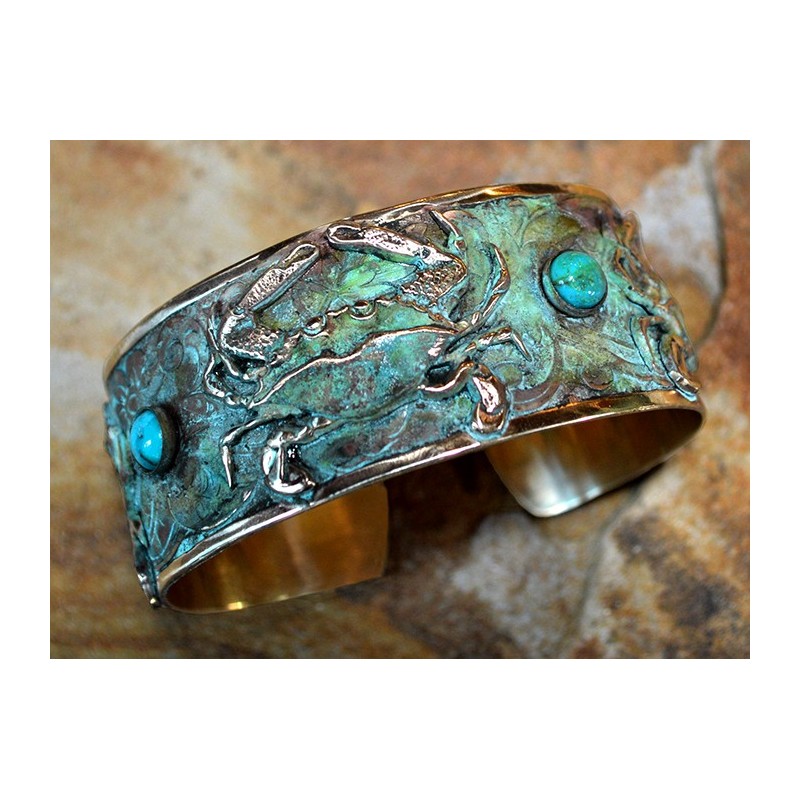 Olive Patina Solid Brass Detailed Triple Crab Cuff - Turquoise