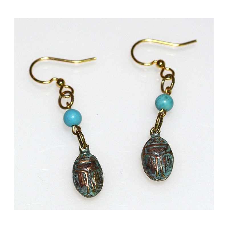 Verdigris Patina Solid Brass Egyptian Motif Scarab Earrings