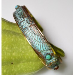 Verdigris Patina Solid Brass Egyptian Motif Scarab Cuff, Turquoise, Carnelian