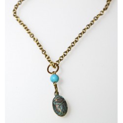 Verdigris Patina Solid Brass Egyptian Motif Scarab Necklace