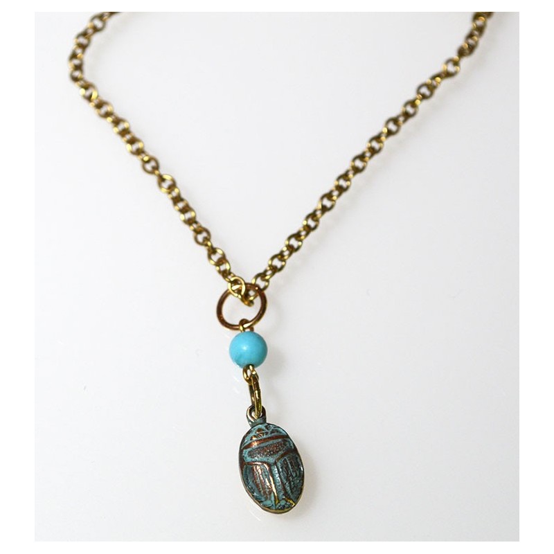 Verdigris Patina Solid Brass Egyptian Motif Scarab Necklace