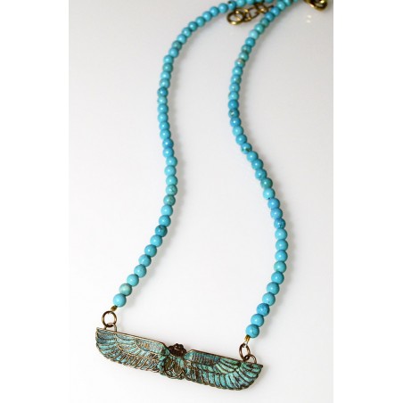 Verdigris Patina Solid Brass Egyptian Motif Scarab Necklace - Turquoise