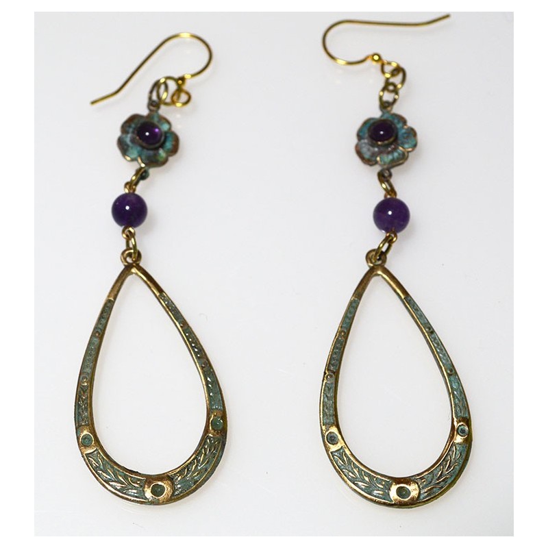 Verdigris Patina Brass Floral Dangle Earrings - Amethyst