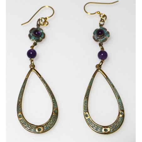 Verdigris Patina Brass Floral Dangle Earrings - Amethyst