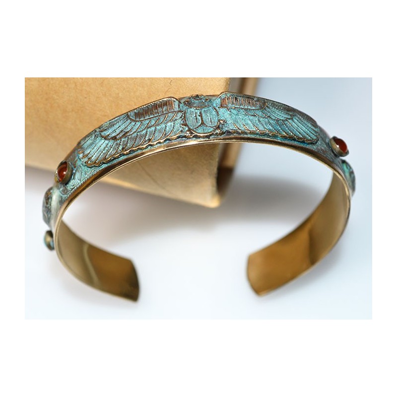 Verdigris Patina Solid Brass Egyptian Motif Scarab Cuff, Carnelian, Turquoise