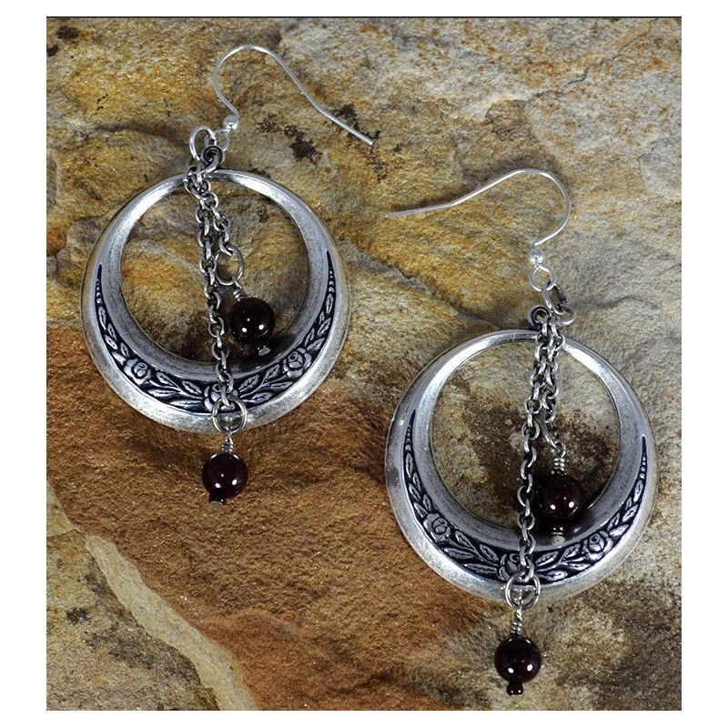 Antiqued Silver Brass Bohemian Chic Floral Hoop Dangle Earrings - Garnet