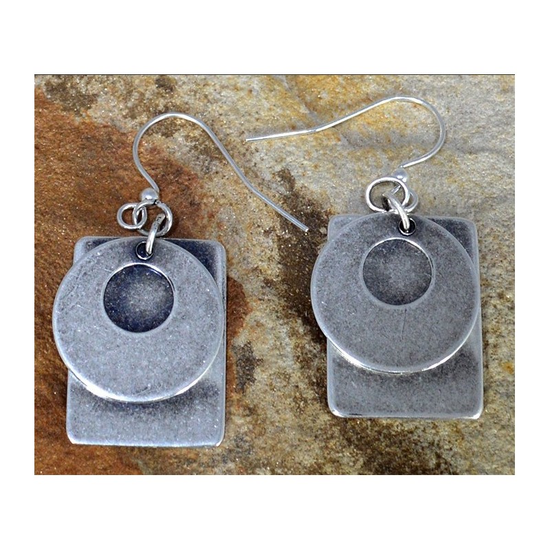 Antiqued Silver Brass Bohemian Chic Open Circle on Rectangle Stacked Double Dangle Earrings