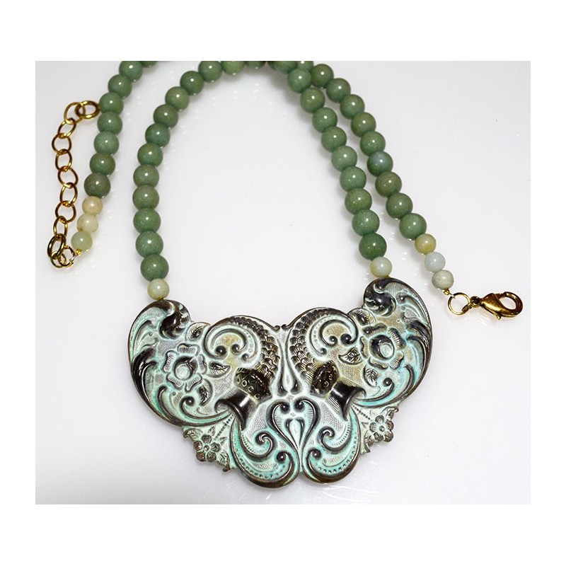 White Chocolate Patina Brass Floral Necklace - Sea Jade Beading