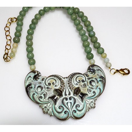 White Chocolate Patina Brass Floral Necklace - Sea Jade Beading