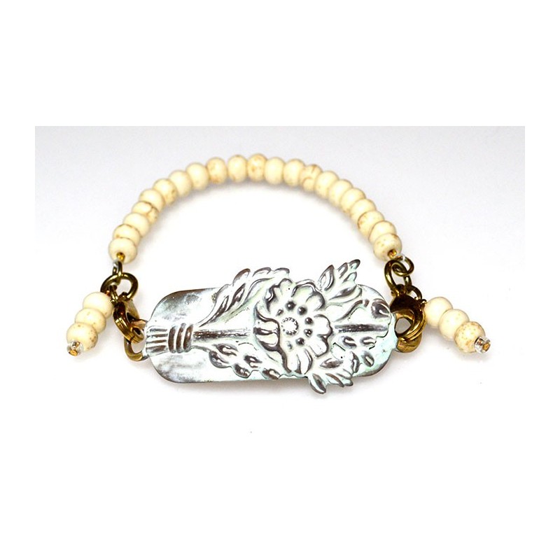 White Chocolate Patina Brass Charmed Floral Rockband Bracelet