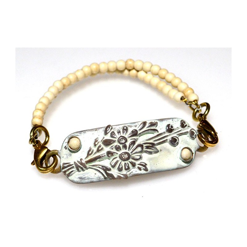 White Chocolate Patina Brass Floral Rockband Bracelet