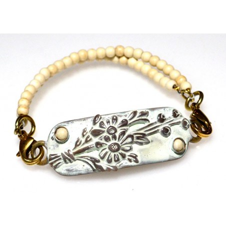 White Chocolate Patina Brass Floral Rockband Bracelet