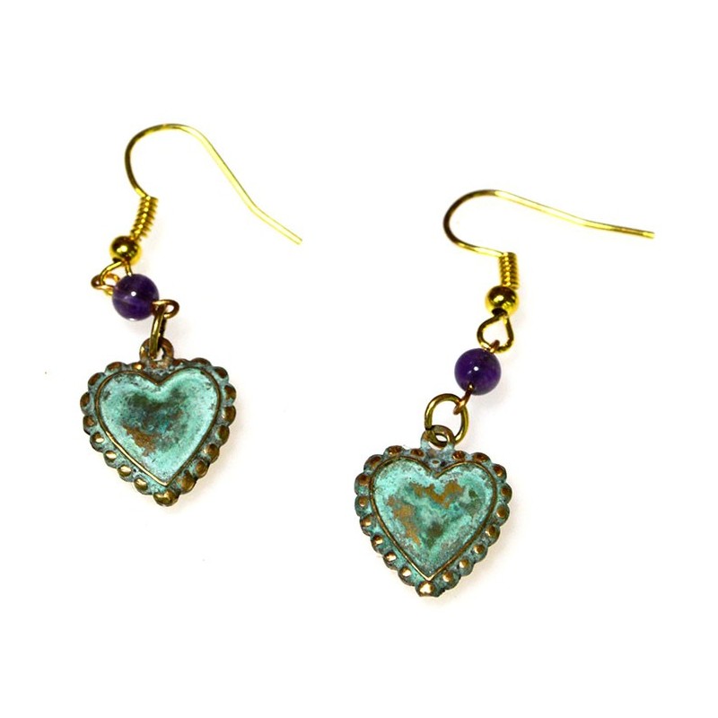 Verdigris Patina Solid Brass Heart Earrings