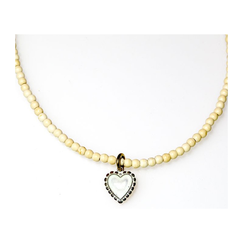 White Chocolate Patina Brass Heart Necklace on White Turquoise Beading