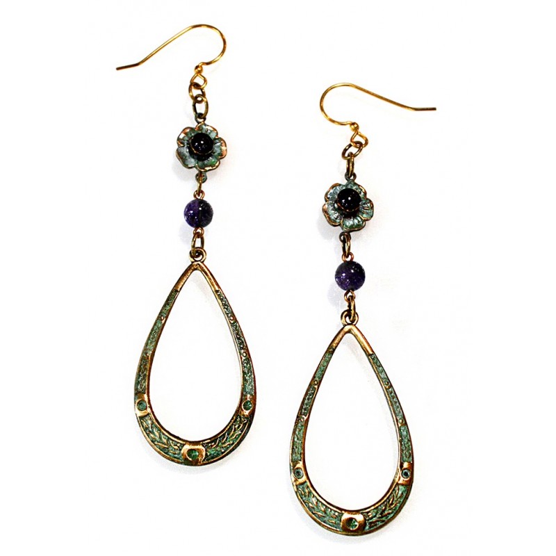 Verdigris Patina Brass Floral Dangle Earrings Verdigris Patina Brass Floral Dangle Earrings