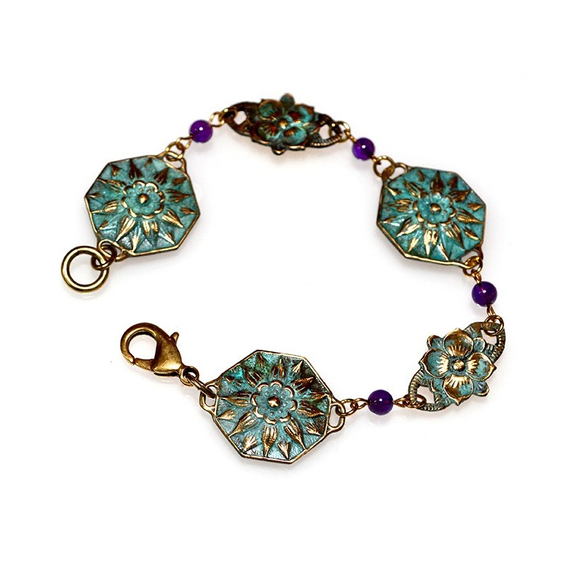 Verdigris Patina Brass Floral Bracelet