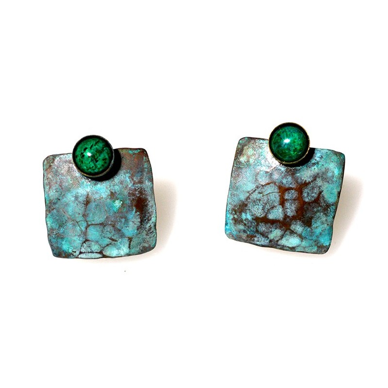 Verdigris Patina Hand Forged Brass Dimpled Square Earrings