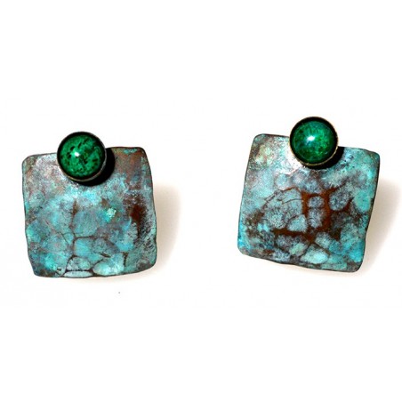 Verdigris Patina Hand Forged Brass Dimpled Square Earrings