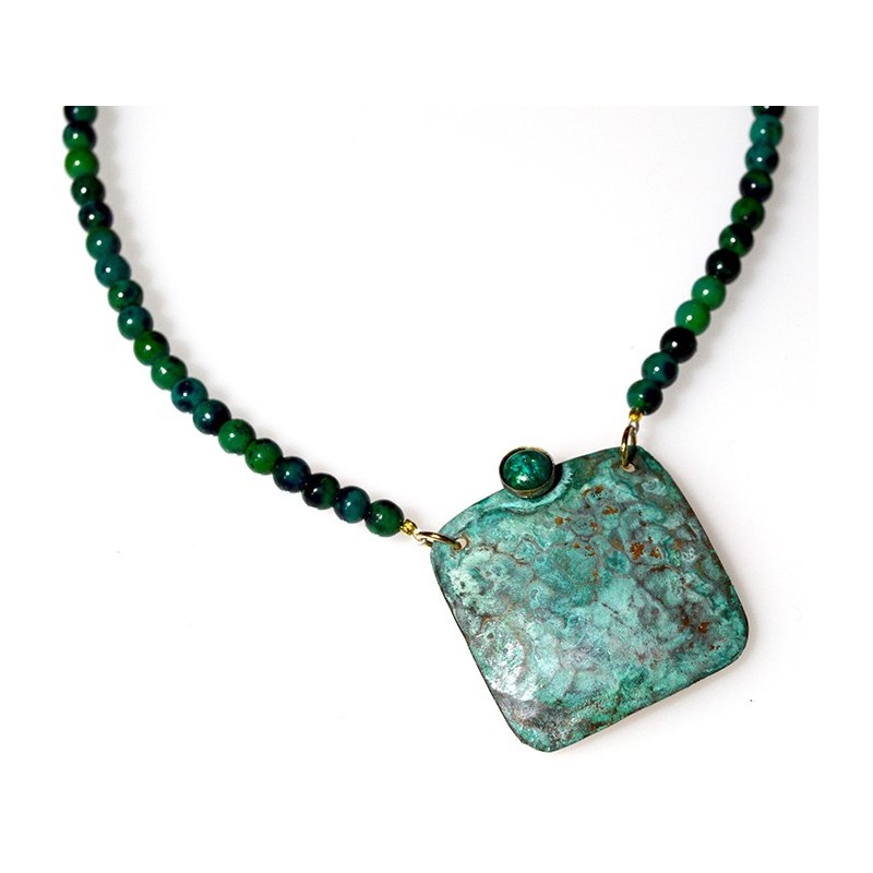 Verdigris Patina Hand Forged Brass Dimpled Necklace