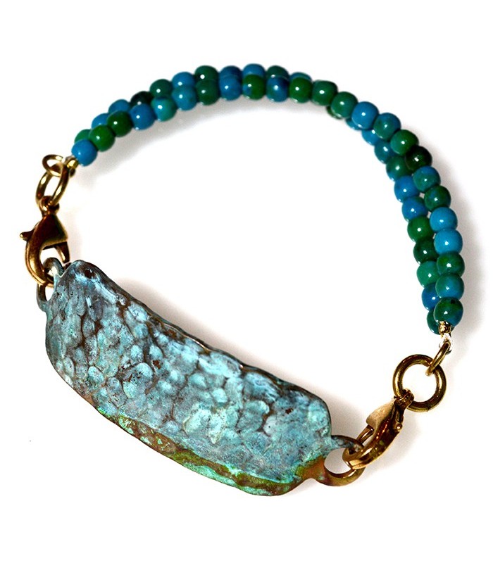 Verdigris Patina Hand Forged Brass Dimpled Rockband Bracelet