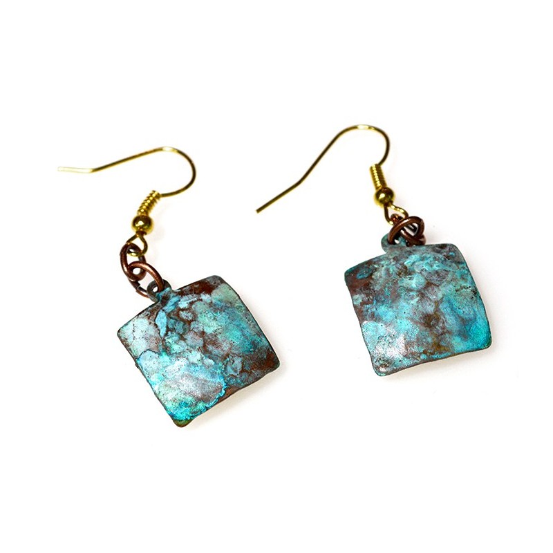 Verdigris Patina Hand Forged Brass Dimpled Square Earrings