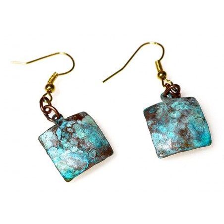 Verdigris Patina Hand Forged Brass Dimpled Square Earrings