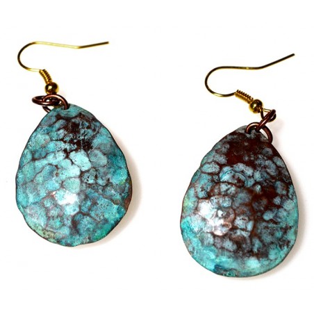 Verdigris Patina Hand Forged Brass Dimpled Teardrop Earrings