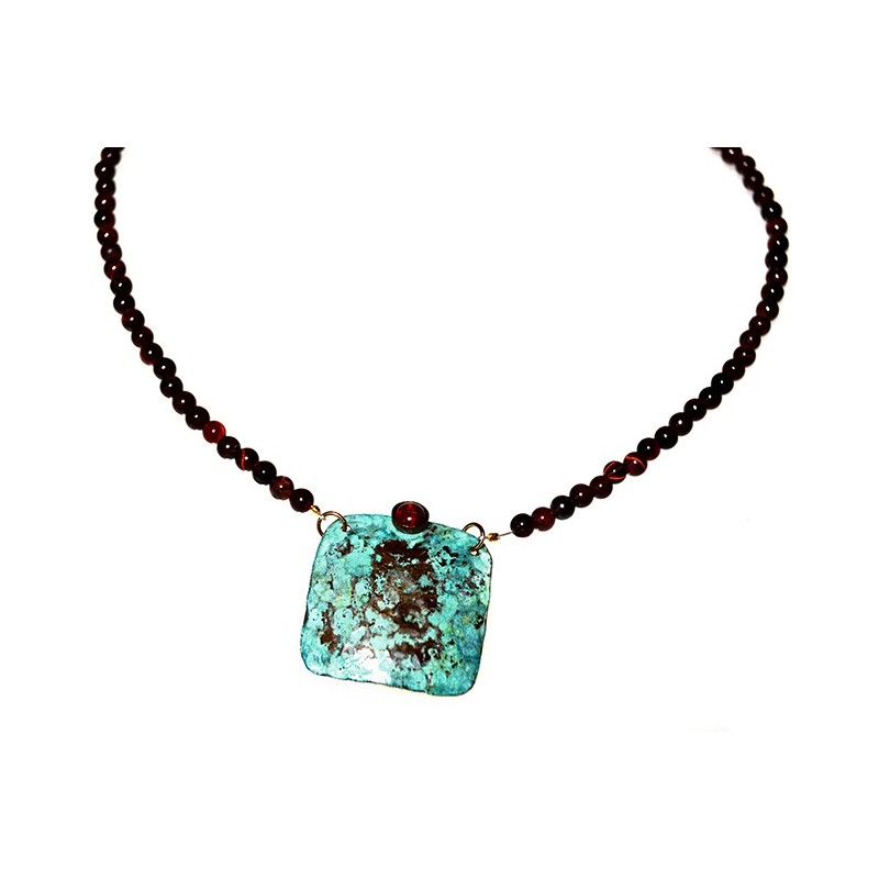 Verdigris Patina Hand Forged Brass Dimpled Necklace