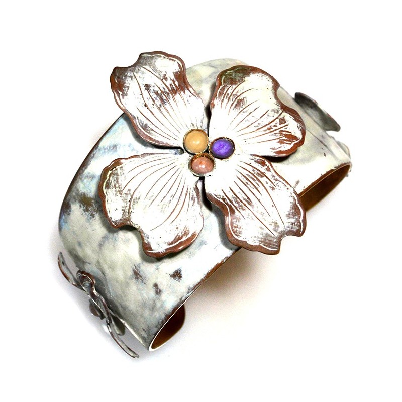 White Chocolate Patina Brass Dogwood Flowers Cuff