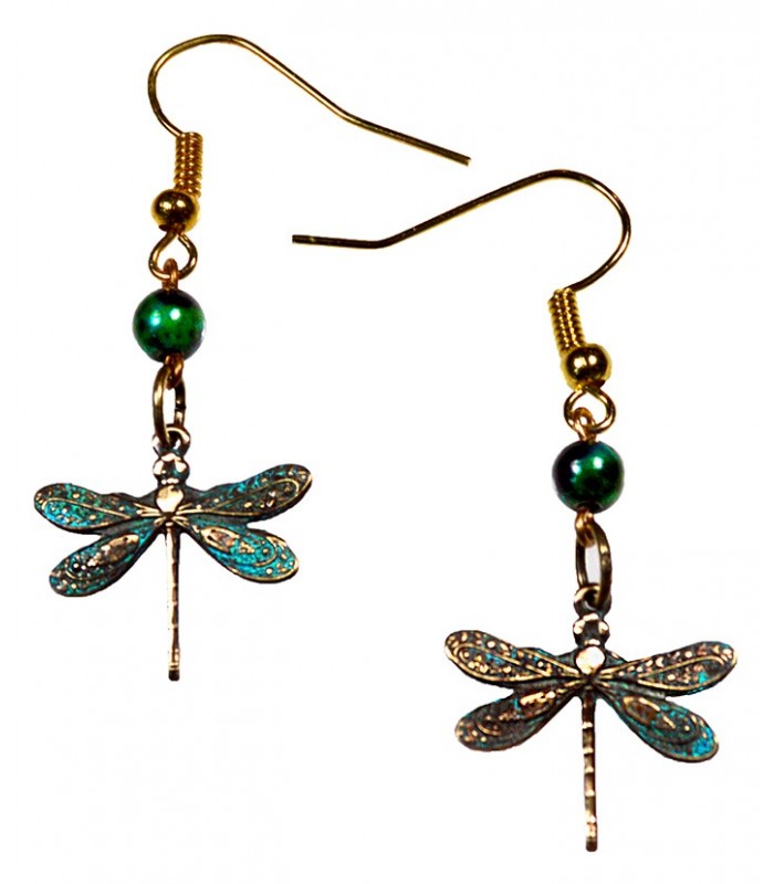 Verdigris Patina Solid Brass Delicate Dragonfly Dangle Earrings