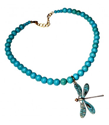 Verdigris Patina Solid Brass Decorative Dragonfly Necklace - Turquoise