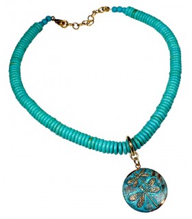 Verdigris Patina Solid Brass Dragonflies on Domed Circle Necklace - Turquoise