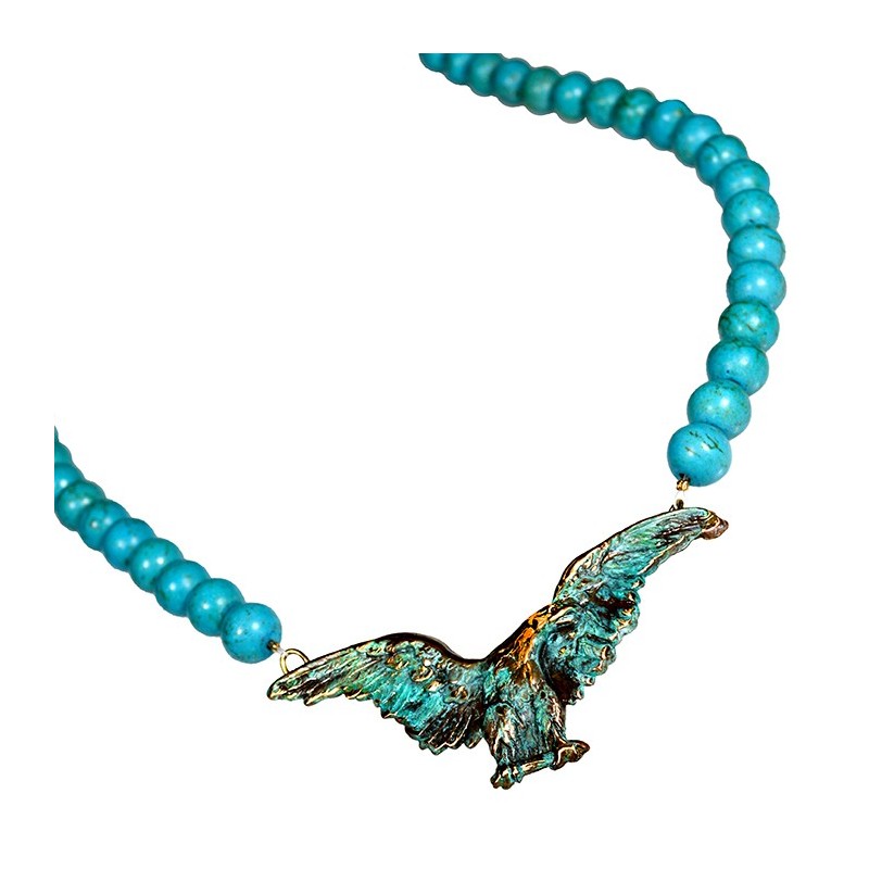 Verdigris Patina Solid Brass Eagle Necklace - Turquoise