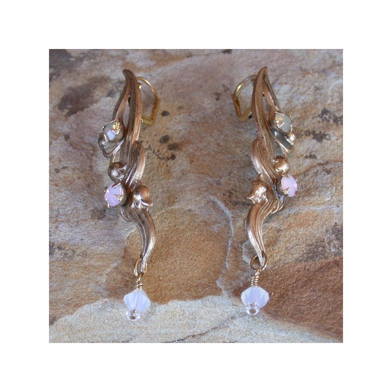 VNG1089e  Washed Gold Solid Brass Bluebell Flower Earrings - Opalescent Swarovski Crystals