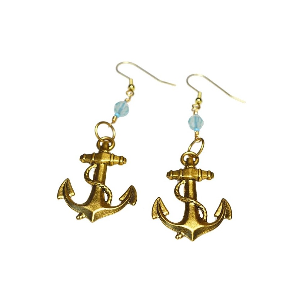 Elaine Coyne Antique Gold Large Anchor Earrings Pacific Blue Opal Crystal