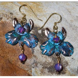 Verdigris Patina Brass African Orchid Earrings - Violette Opal Swarovski Crystals