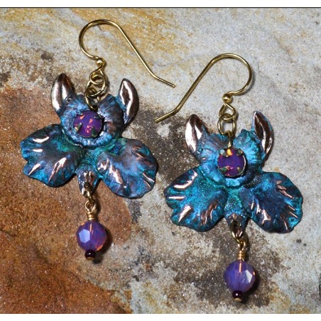 Verdigris Patina Brass African Orchid Earrings - Violette Opal Swarovski Crystals