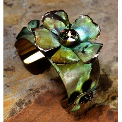 Olive Patina Brass Sculptural Flowers Tapered Cuff Bracelet - Swarovski Crystals