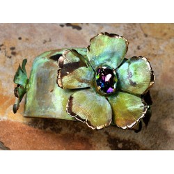 Olive Patina Brass Sculptural Flowers Tapered Cuff Bracelet - Swarovski Crystals