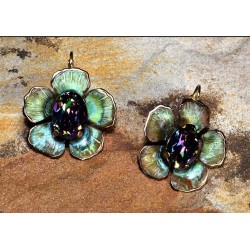 Olive Patina Brass Sculptural Flower Earrings - Paradise Swarovski Crystals